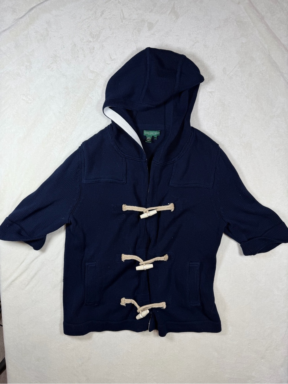 Ralph Lauren Size Large Navy Hooded Short-Sleeve Cardigan with Toggle Closures